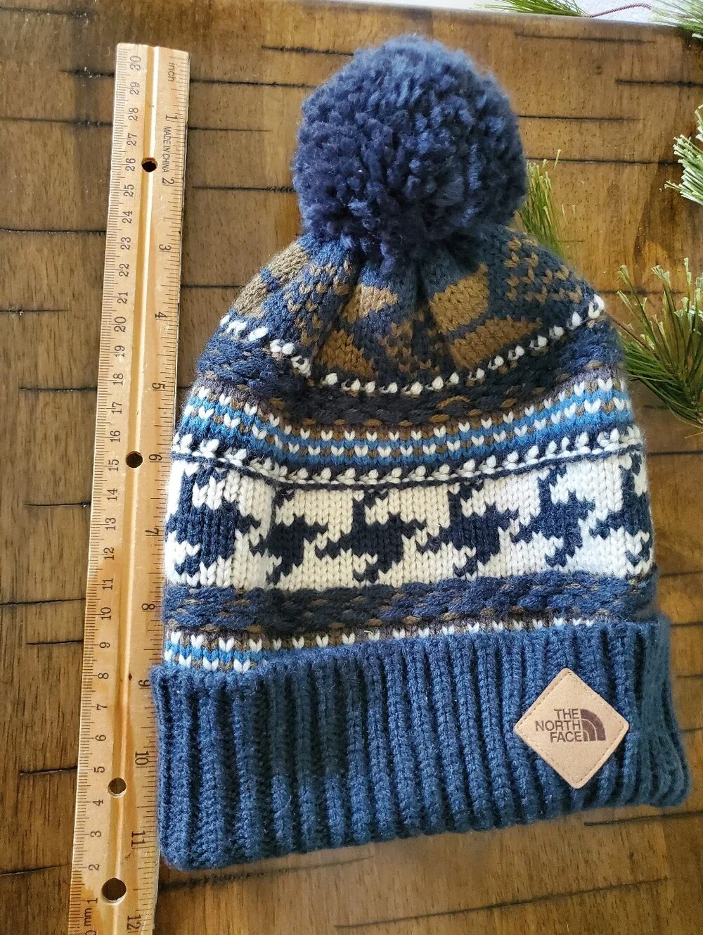 The North Face Fair Isle Knit Beanie Hat Blue Pom Pom Unisex